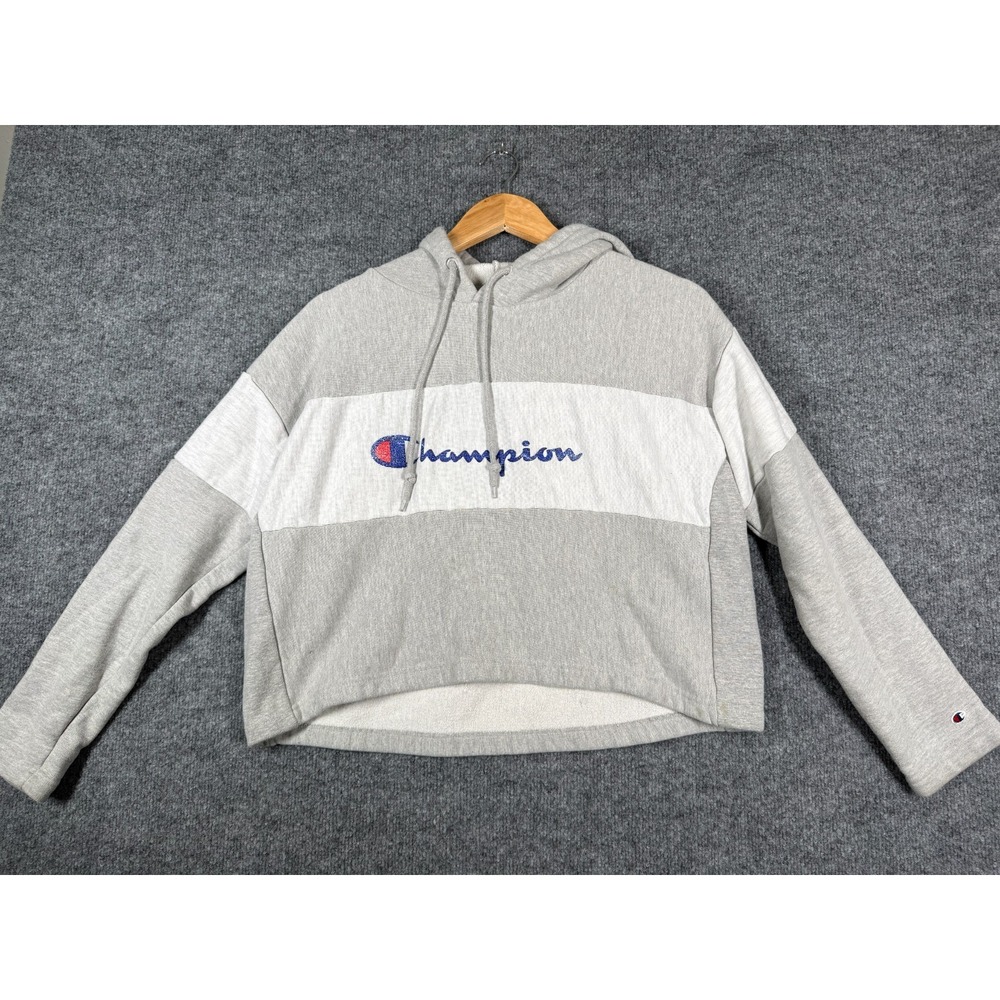 Champion Reverse Weave Hoodie Womens Large Gray Colorblock Script Logo Cropped
